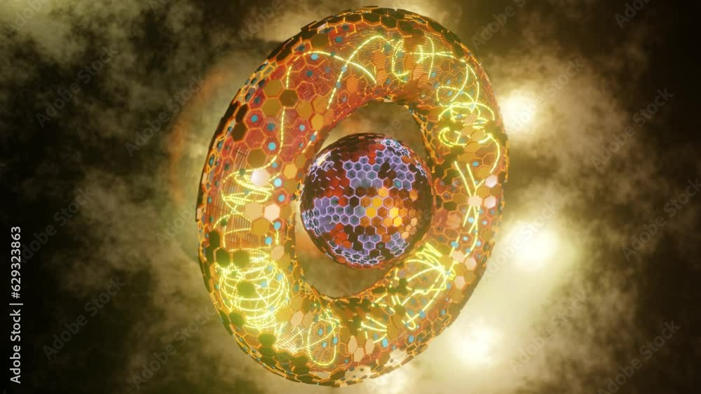 Poster loop 3d animation. abstract geometric figure of a set of hexagons. a torus of metal segments and a s