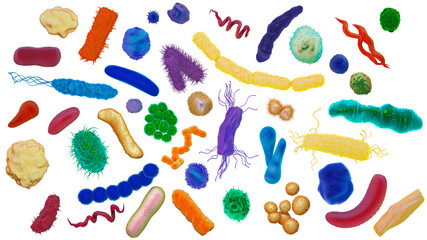 Different colorful shapes and types of bacteria on white background, could represent helpful bacteria, good gut bacteria, germs, dirt, lack of hygiene, 3d illustration