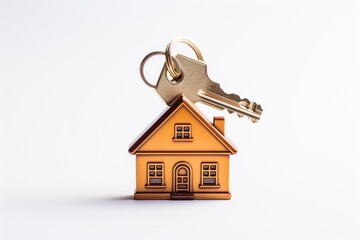 The house keys, attached to a keychain shaped like a house, are depicted separately on a plain white background.