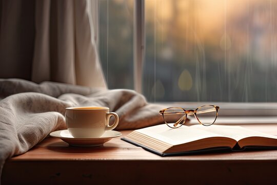 The image depicts a cup of coffee placed alongside a book and a pair of eyeglasses on a bed. The setting suggests it is morning, with rain droplets visible on the window. The concept conveyed in the