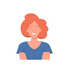 Portrait of happy young ginger woman with friendly smiling freckled face and closed eyes in pleasure