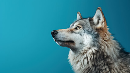 Fototapeta premium Advertising portrait, banner, gorgeous gray classic wolf looking up , isolated on blue background