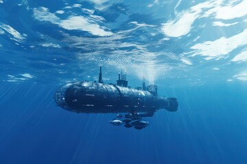 Small submarine under water with sun rays and beautiful seascape