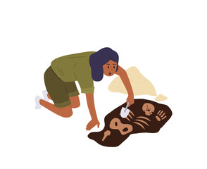Woman archeologist digging soil and finding human skeleton historical artifacts isolated on white