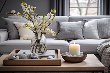 The interior design of a Scandinavian living room features a fashionable grey sofa, a coffee table, spring flowers for decoration, pillows, plaid, a tray, and elegant personal accessories that add a