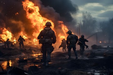 Military soldier squad battle scene, action shooter battle game cover with smoke, dust and explosions, fire, battle field