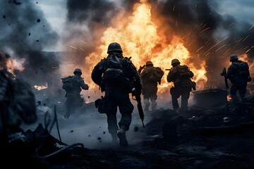 Military soldier squad battle scene, action shooter battle game cover with smoke, dust and explosions, fire, battle field
