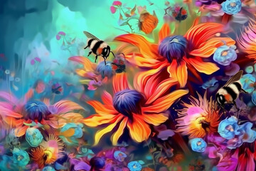 Fototapeta premium A close up shot of colorful wild flowers with a bee. Bee Collects honey on flowers. Generative AI