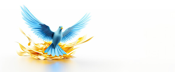 Obraz premium Dove as a symbol of peace, in the style of light blue and yellow on white background, Ukrainian conflict peace concept