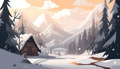 Cartoonartige Winterlandschaft mit abendlicher Stimmung (KI-/AI-generiert)