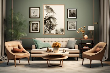 The design of a living room with a simulated picture frame, adaptable sofa, armchair with oval shapes, fashionable coffee table, vase with rowan flowers, and personal accessories, showcasing an