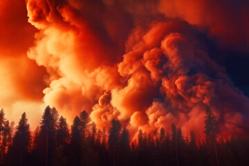 Dramatic wildfire, huge clouds of heavy smoke in fiery red sky over burning forest