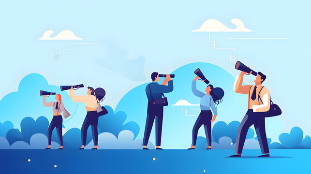 Search opportunity, finding new job, inspection or research, SEO or analyze for optimization, inspect or looking for future, career development concept, business people with binoculars, telescope.
