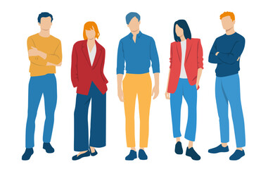  Set of young men and women, different colors, cartoon character, group of silhouettes of standing business people, students, the design concept of flat icon, isolated on white background