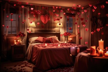The inside of a softly lit bedroom adorned with roses, hearts, and tables in celebration of Valentines Day.