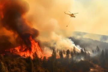 Foto op Plexiglas Firefighting helicopter carrying a water bucket on its route across smoke filled sky to fight forest wildfire © ChaoticDesignStudio