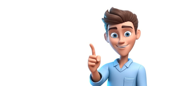 Cartoon character, young Caucasian cute guy wears blue shirt, raised index finger, looks at camera, on white background