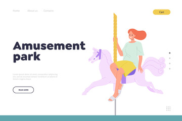 Amusement park landing page template with happy young woman riding marry-go-round carousel design