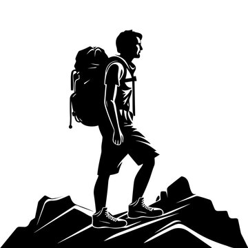 Hiker climber at mountain top summit black silhouette vector