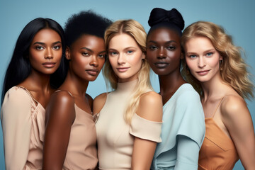 A diverse group of beautiful women and friends of different races and ethnicities, proud and confident in themselves, against a light blue background on International Women's Day concept