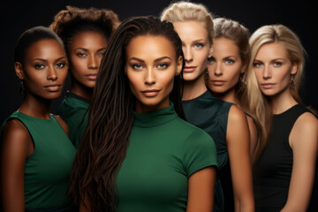 A diverse group of beautiful women and friends of different races and ethnicities, proud and confident in themselves, against a black background on International Women's Day