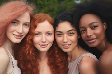 Obraz premium Friends of different races and ethnicities, proud and confident in themselves, take a selfie on a sunny day with the trees in the background