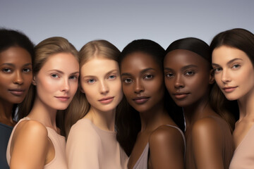 Obraz premium A diverse group of beautiful women and friends of different races and ethnicities, proud and confident in themselves, against a light gray background