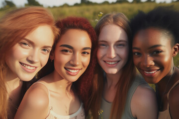 Obraz premium Friends of different races and ethnicities, proud and confident in themselves, take a selfie on a sunny day with the grass in the background