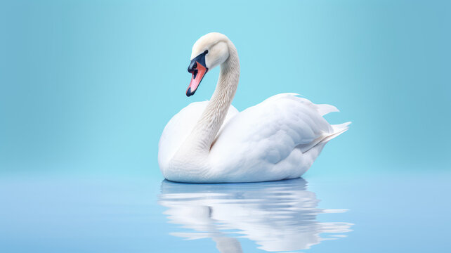 Advertising portrait, banner, gorgeous white swan and a reflection, isolated on light blue background