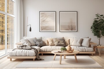 The idea of Scandinavian living room interior involves incorporating various elements like a stylish sofa, a coffee table, a potted plant, a lamp, a carpet, a plaid, pillows, a shelf, decorative items