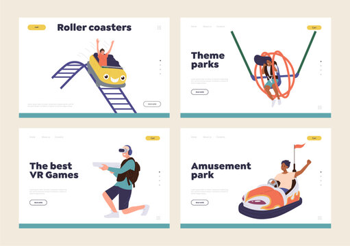 Isolated set of landing page advertising amusement part attraction and entertainments, VR videogames