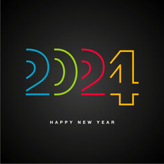 We wish you a Happy New Year 2024 new colorful half cut out double line design numbers 2024 black background greeting card