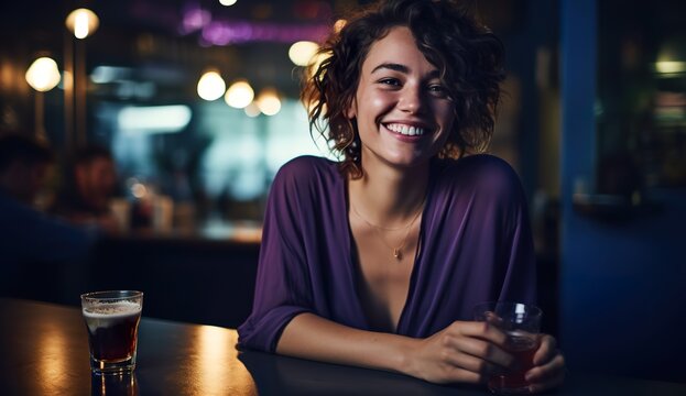 beautiful cheerful woman sitting by table in cafe or bar, generative AI