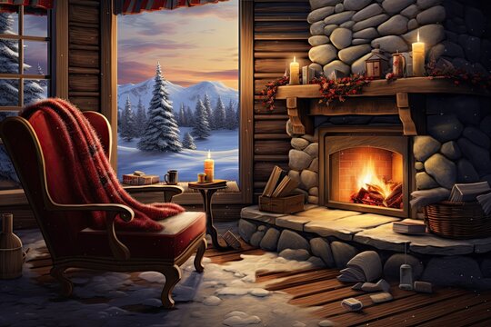 The image depicts a warm and inviting living area near a crackling fireplace, with a chair, a mug, and slippers set against the backdrop of a snowy landscape. It represents the concept of homey