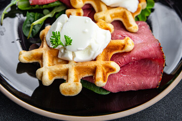 savory waffles meat food pastrami meal food snack on the table copy space food background rustic top view
