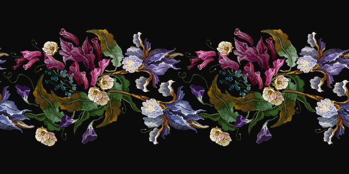 Blue irises and violet hyacinths and white apple flowers. Horizontal seamless pattern. Embroidery style. Fashion template for design of clothes, tapestry. Spring garden art