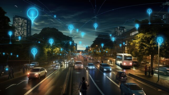 image that represents an IoT-enabled urban environment, where interconnected devices and sensors work together to optimize energy usage, traffic flow, and public services