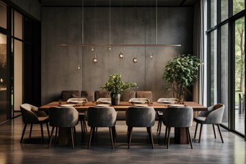 The interior design of the dining room is sophisticated, featuring velvet chairs, a stylish wooden table, and exquisite lamps and personal accessories. The space is open and there are concrete walls
