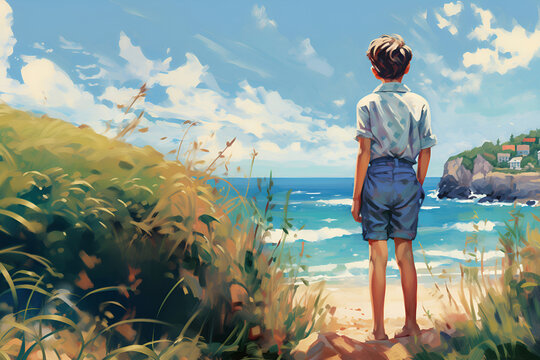 a teenage boy stands on the seashore. illustration, AI generation.