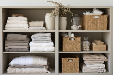 The linen cupboard shelves are neatly arranged with eco friendly straw baskets and closet organizer drawer dividers, providing efficient storage. Towels, pillows, plaids, soft sheets, and bedding are