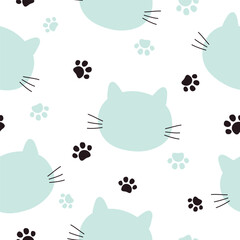Seamless pattern with cats. Vector illustration with cat and paw footprint. It can be used for wallpapers, wrappers, cards, patterns for clothes and others.