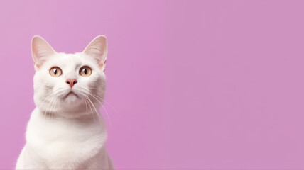 Fototapeta na wymiar Advertising portrait, banner, smiling asian cat white wool color, yellow eyes, serious straight look, isolated on pink background. High quality illustration