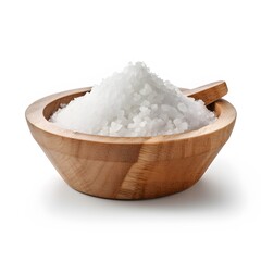 Fototapeta na wymiar sea salt in a wooden bowl on a white background