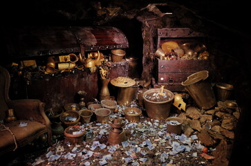 treasure box and money in dark