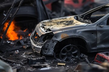 Wrecked car in the city.