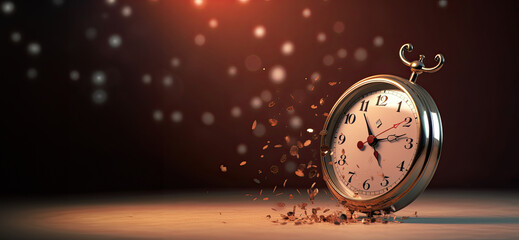 A vintage pocket watch surrounded by floating particles symbolizes the passing of time. Time and countdown concept banner..