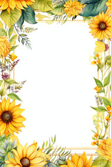 Frame made of yellow flowers leaves sunflowers transparent isolated - Generative AI