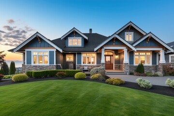 The front view of a newly built home is enhanced by a picturesque surrounding of vibrant green grass and a clear blue sky at sunrise. This appealing exterior beckons potential buyers or renters - Powered by Adobe