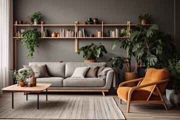 The living room has a chic and bohemian interior design, featuring a wooden shelf, a stylish gray sofa, an abundance of plants, and sophisticated accessories. The decor incorporates elements of botany