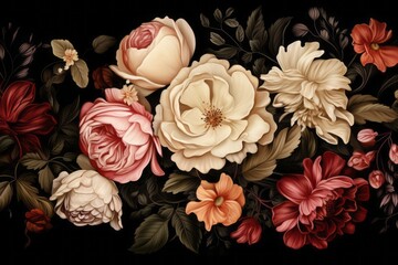 Beautiful bunch of colorful flowers on black background in vintage style